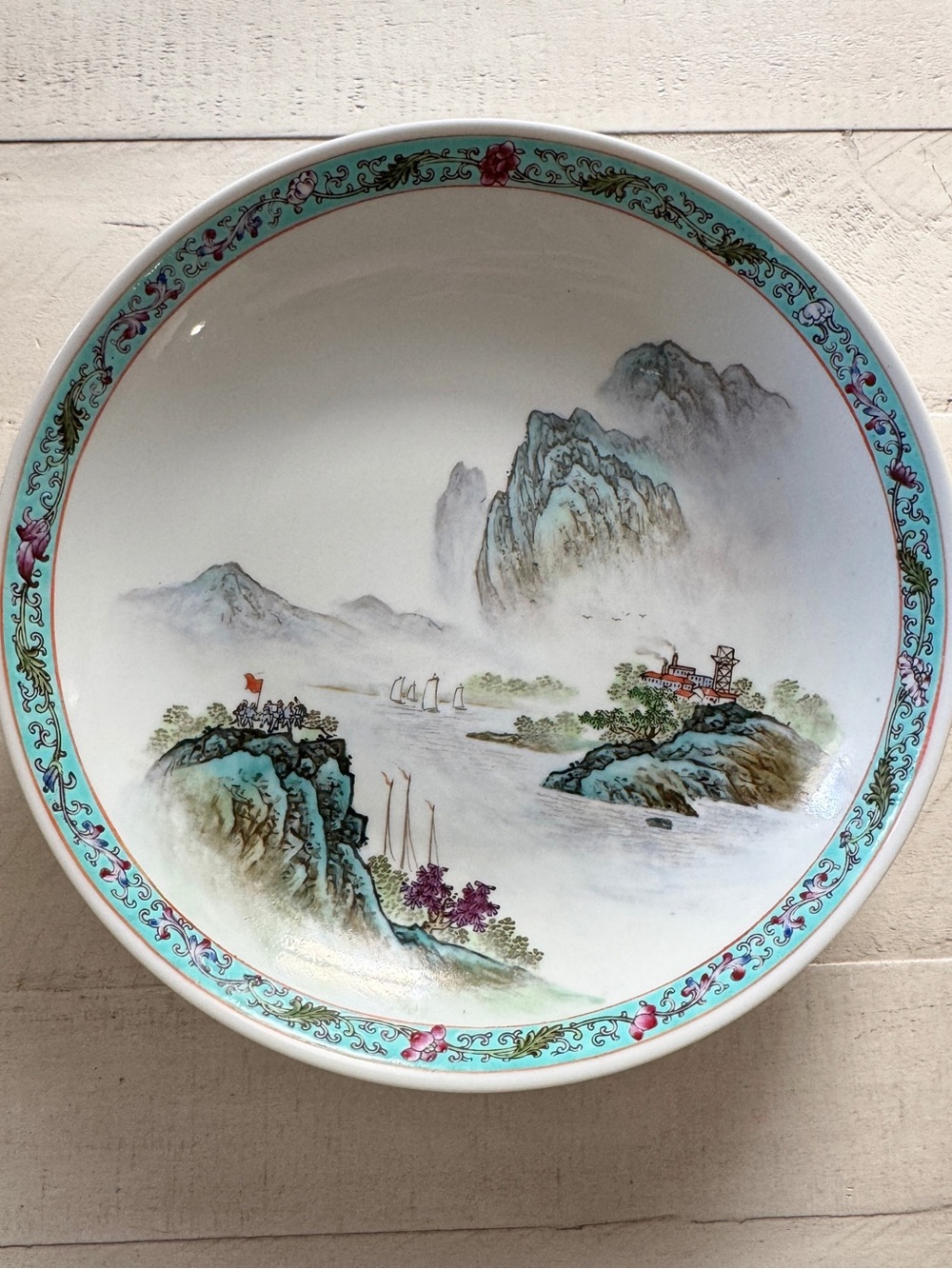 Chinese Familia Rose Mountain Water Scenic 9 Inch serving bowl